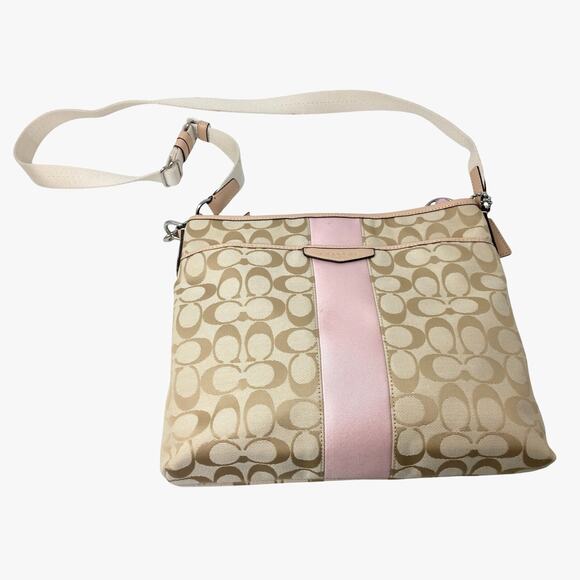 Coach Monogram Tan Canvas Crossbody Bag with Wide Pink Stripe in Center - Picture 1 of 16